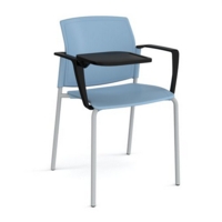 Santana 4 leg stacking chair with plastic seat and back and grey frame with arms and writing tablet - blue