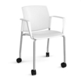Santana 4 leg mobile chair with plastic seat and back and chrome frame with castors and fixed arms - white