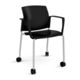 Santana 4 leg mobile chair with plastic seat and back and grey frame with castors and fixed arms - black