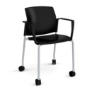 Santana 4 leg mobile chair with plastic seat and back and grey frame with castors and fixed arms - black