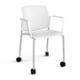 Santana 4 leg mobile chair with plastic seat and back and grey frame with castors and fixed arms - white