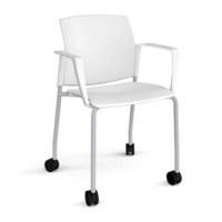 Santana 4 leg mobile chair with plastic seat and back and grey frame with castors and fixed arms - white