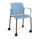 Santana 4 leg mobile chair with plastic seat and back and black frame with castors and fixed arms - blue