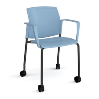 Santana 4 leg mobile chair with plastic seat and back and black frame with castors and fixed arms - blue