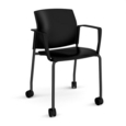 Santana 4 leg mobile chair with plastic seat and back and black frame with castors and fixed arms - black