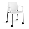 Santana 4 leg mobile chair with plastic seat and back and black frame with castors and fixed arms - white