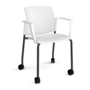 Santana 4 leg mobile chair with plastic seat and back and black frame with castors and fixed arms - white