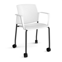 Santana 4 leg mobile chair with plastic seat and back and black frame with castors and fixed arms - white