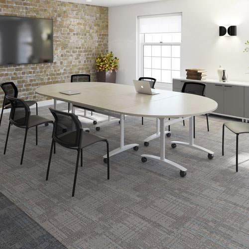 Santana 4 leg mobile chair with plastic seat and back and chrome frame with castors and arms and writing tablet - grey