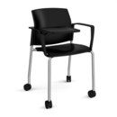 Santana 4 leg mobile chair with plastic seat and back and chrome frame with castors and arms and writing tablet - black