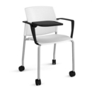 Santana 4 leg mobile chair with plastic seat and back and chrome frame with castors and arms and writing tablet - white