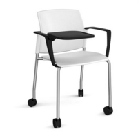 Santana 4 leg mobile chair with plastic seat and back and chrome frame with castors and arms and writing tablet - white