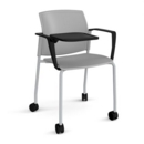 Santana 4 leg mobile chair with plastic seat and back and grey frame with castors and arms and writing tablet - grey