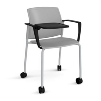 Santana 4 leg mobile chair with plastic seat and back and grey frame with castors and arms and writing tablet - grey