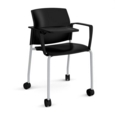 Santana 4 leg mobile chair with plastic seat and back and grey frame with castors and arms and writing tablet - black