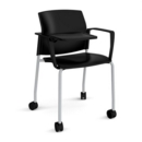 Santana 4 leg mobile chair with plastic seat and back and grey frame with castors and arms and writing tablet - black