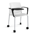 Santana 4 leg mobile chair with plastic seat and back and grey frame with castors and arms and writing tablet - white