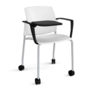 Santana 4 leg mobile chair with plastic seat and back and grey frame with castors and arms and writing tablet - white