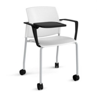 Santana 4 leg mobile chair with plastic seat and back and grey frame with castors and arms and writing tablet - white