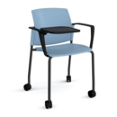 Santana 4 leg mobile chair with plastic seat and back and black frame with castors and arms and writing tablet - blue