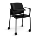 Santana 4 leg mobile chair with plastic seat and back and black frame with castors and arms and writing tablet - black