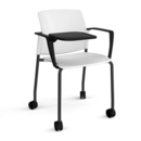 Santana 4 leg mobile chair with plastic seat and back and black frame with castors and arms and writing tablet - white