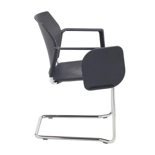 Santana cantilever chair with plastic seat and back and chrome frame with arms and writing tablet - black