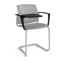 Santana cantilever chair with plastic seat and back and grey frame with arms and writing tablet - grey
