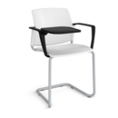 Santana cantilever chair with plastic seat and back and grey frame with arms and writing tablet - white