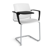 Santana cantilever chair with plastic seat and back and grey frame with arms and writing tablet - white