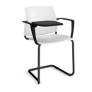 Santana cantilever chair with plastic seat and back and black frame with arms and writing tablet - white
