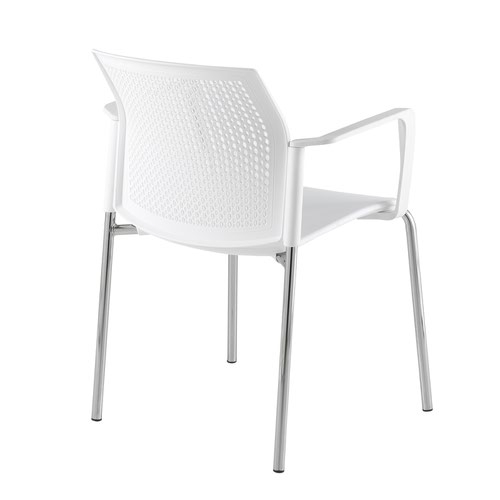 Santana 4 leg stacking chair with plastic seat and perforated back and chrome frame and fixed arms - white