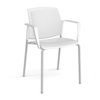 Santana 4 leg stacking chair with plastic seat and perforated back and grey frame and fixed arms - white