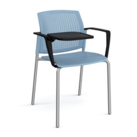 Santana 4 leg stacking chair with plastic seat and perforated back and chrome frame with arms and writing tablet - blue