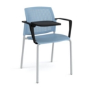 Santana 4 leg stacking chair with plastic seat and perforated back and grey frame with arms and writing tablet - blue
