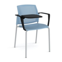Santana 4 leg stacking chair with plastic seat and perforated back and grey frame with arms and writing tablet - blue
