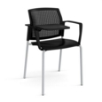 Santana 4 leg stacking chair with plastic seat and perforated back and grey frame with arms and writing tablet - black