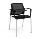 Santana 4 leg stacking chair with plastic seat and perforated back and grey frame with arms and writing tablet - black