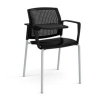 Santana 4 leg stacking chair with plastic seat and perforated back and grey frame with arms and writing tablet - black