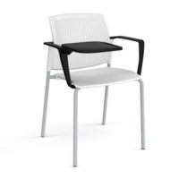 Santana 4 leg stacking chair with plastic seat and perforated back and grey frame with arms and writing tablet - white