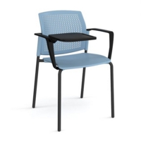 Santana 4 leg stacking chair with plastic seat and perforated back and black frame with arms and writing tablet - blue