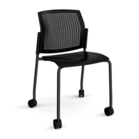 Santana 4 leg mobile chair with plastic seat and perforated back and black frame with castors and no arms - black