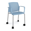 Santana 4 leg mobile chair with plastic seat and perforated back and chrome frame with castors and fixed arms - blue