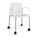 Santana 4 leg mobile chair with plastic seat and perforated back and chrome frame with castors and fixed arms - white