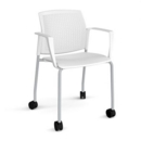 Santana 4 leg mobile chair with plastic seat and perforated back and grey frame with castors and fixed arms - white