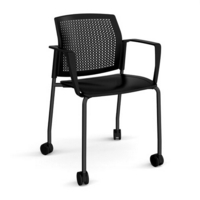 Santana 4 leg mobile chair with plastic seat and perforated back and black frame with castors and fixed arms - black