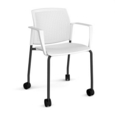 Santana 4 leg mobile chair with plastic seat and perforated back and black frame with castors and fixed arms - white