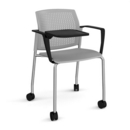 Santana 4 leg mobile chair with plastic seat and perforated back and chrome frame with castors and arms and writing tablet - grey