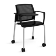 Santana 4 leg mobile chair with plastic seat and perforated back and chrome frame with castors and arms and writing tablet - black