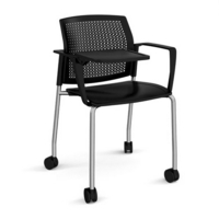 Santana 4 leg mobile chair with plastic seat and perforated back and chrome frame with castors and arms and writing tablet - black